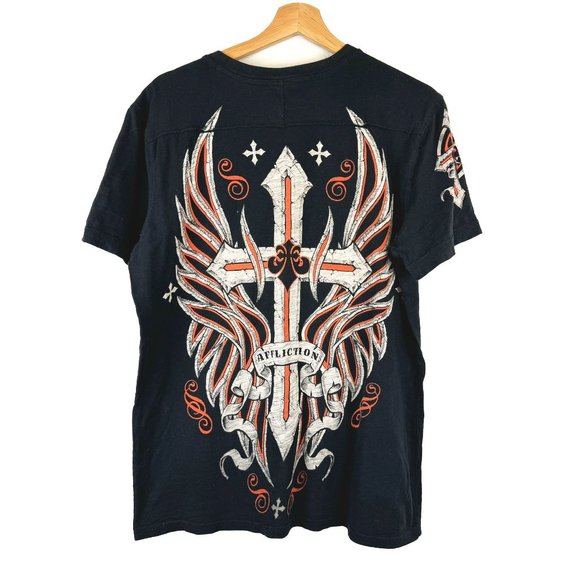 Affliction Men's Black Graphic Henley T-Shirt M - Picture 2 of 6